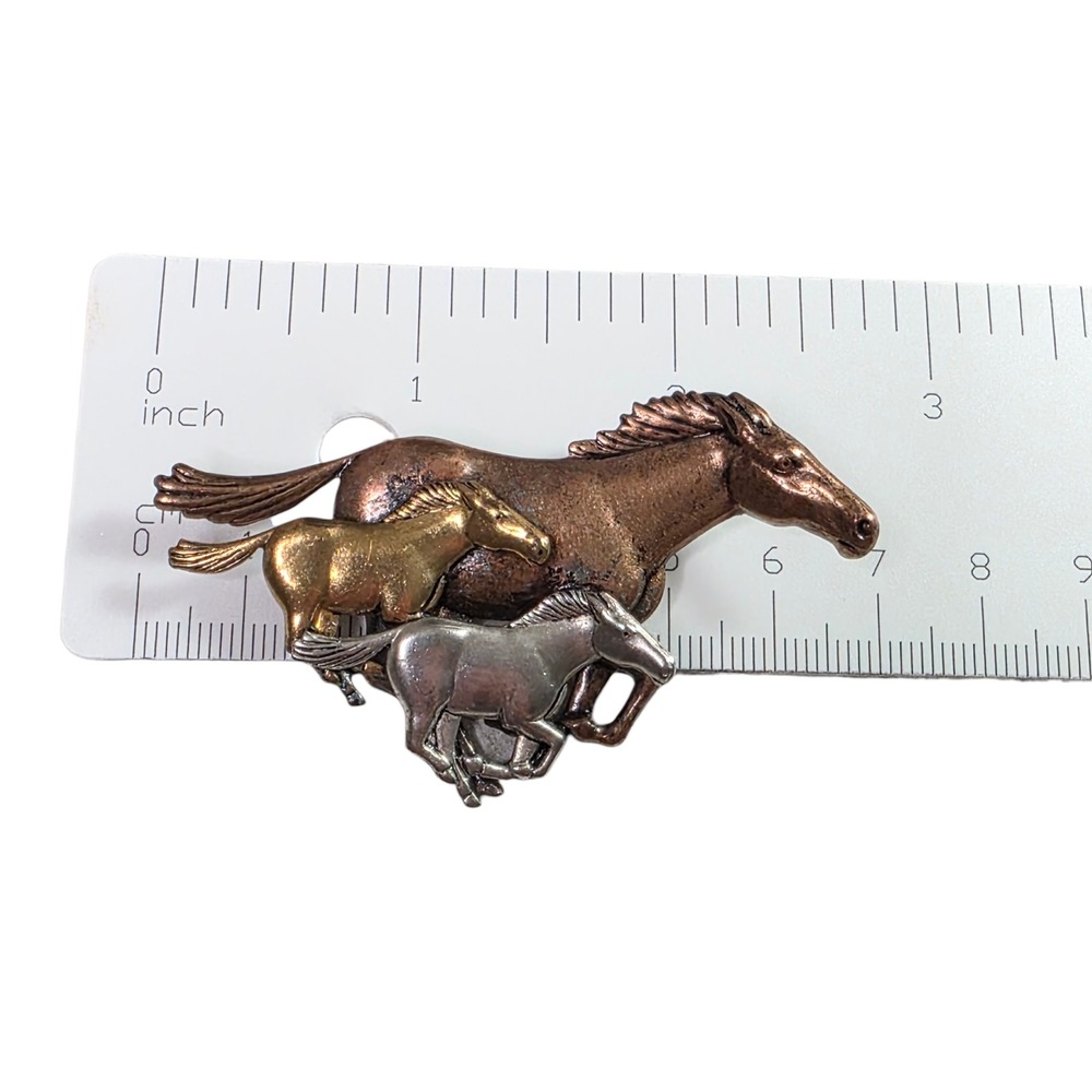 Vintage Tri Metal Running Horses Brooch Pin Equestrian Boho Southwestern - Picture 6 of 6